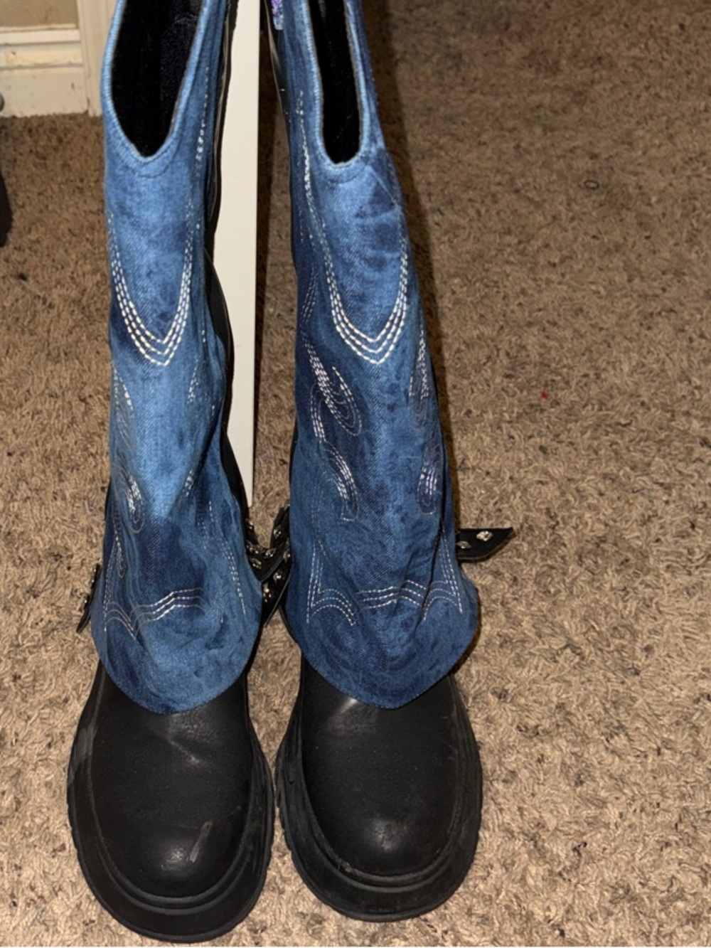 Cape Robbin Blue Suede Shaft Black Leather Combat Boots